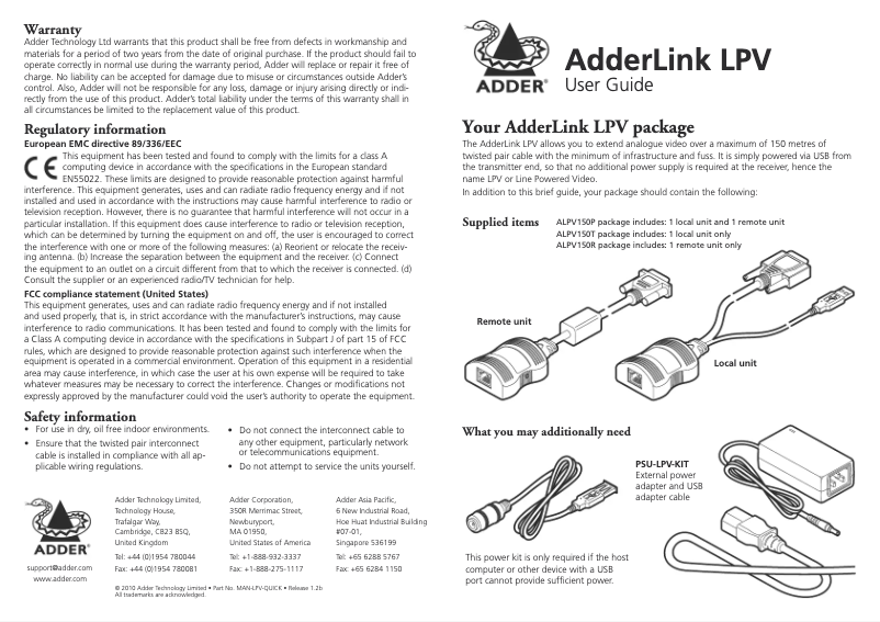 Page 1 de la notice Manuel utilisateur Adder ALPV150R