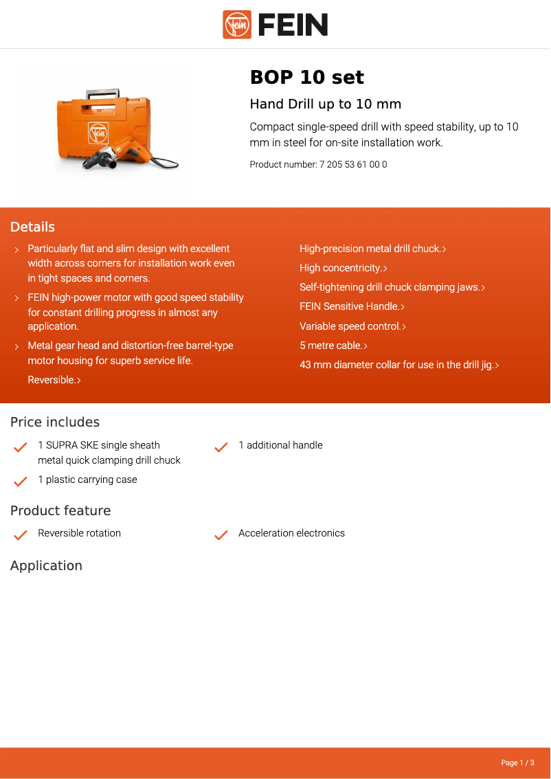 Página 1 del manual Ficha técnica Fein BOP 10