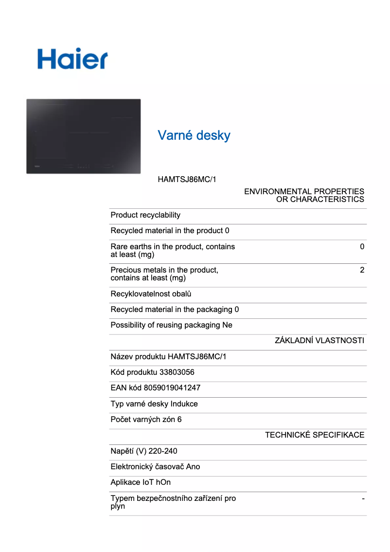 Page 1 de la notice Fiche technique Haier HAMTSJ86MC/1