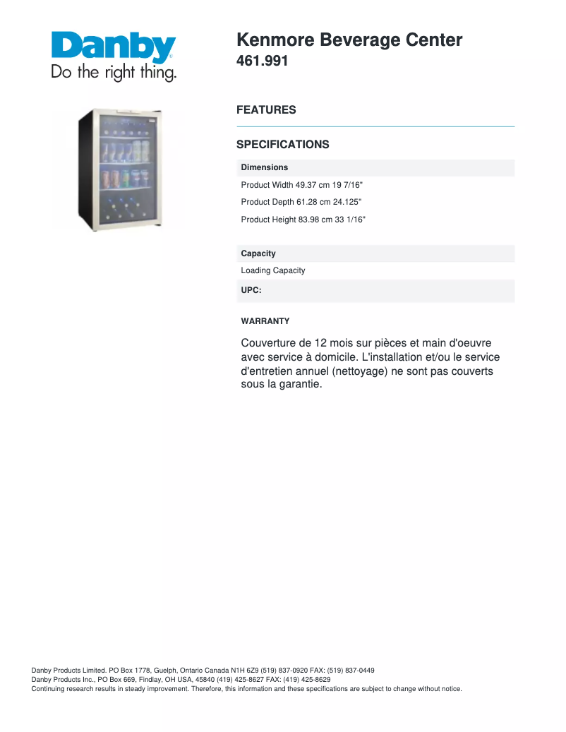 Page 1 de la notice Manuel utilisateur Danby 461.991