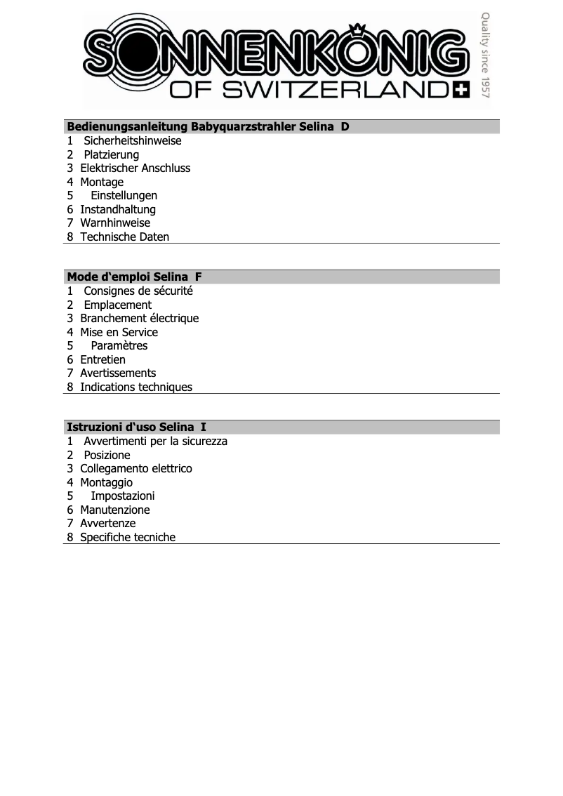 Page 1 de la notice Manuel utilisateur Sonnenkönig Selina