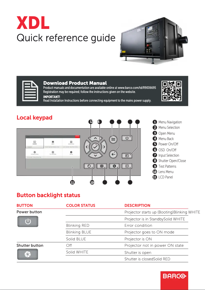 Page 1 de la notice Guide de démarrage rapide Barco XDL-4K75