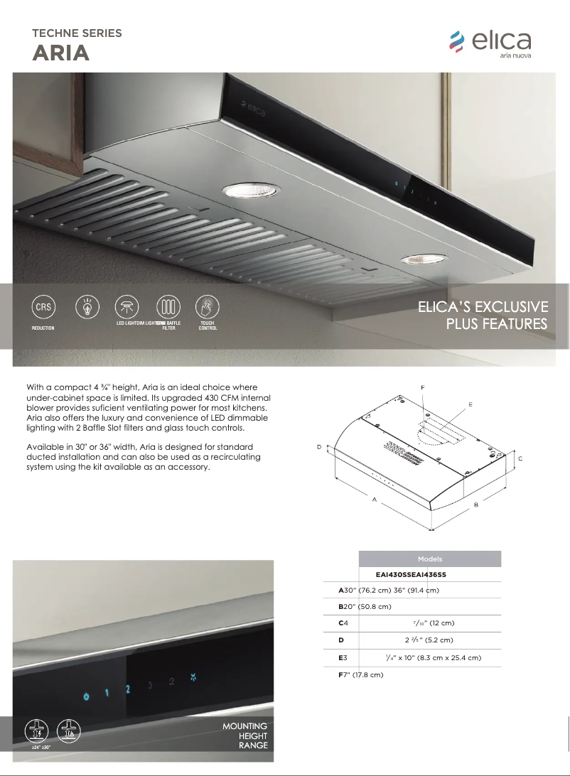 Page 1 de la notice Fiche technique Elica Aria EAT436SS