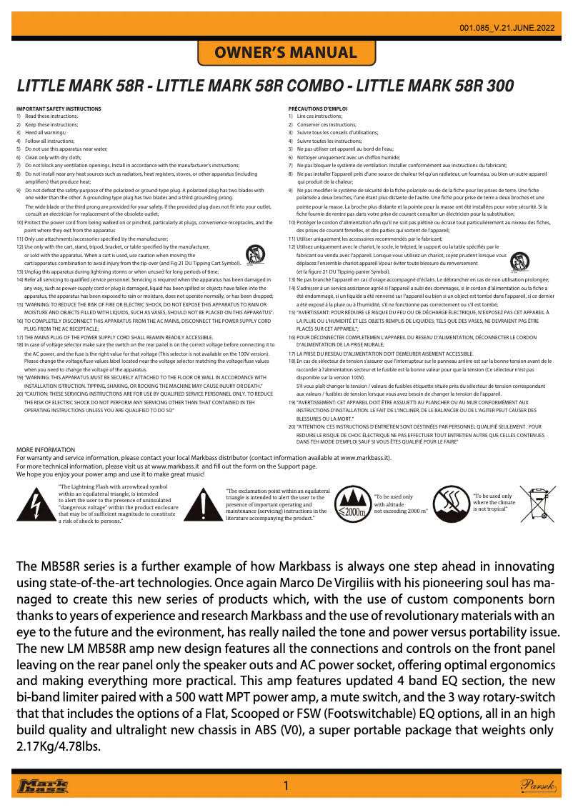 Page n°1 - Manuel utilisateur Markbass MB58R CMD 151 Pure