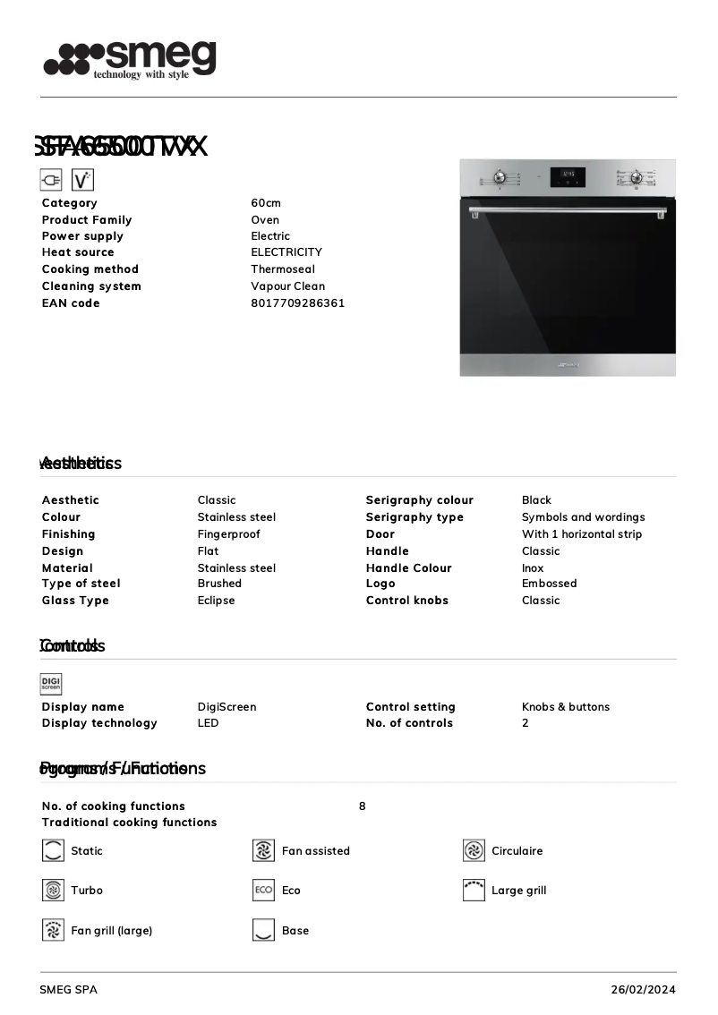Page n°1 - Fiche technique Smeg SFA6500TVX