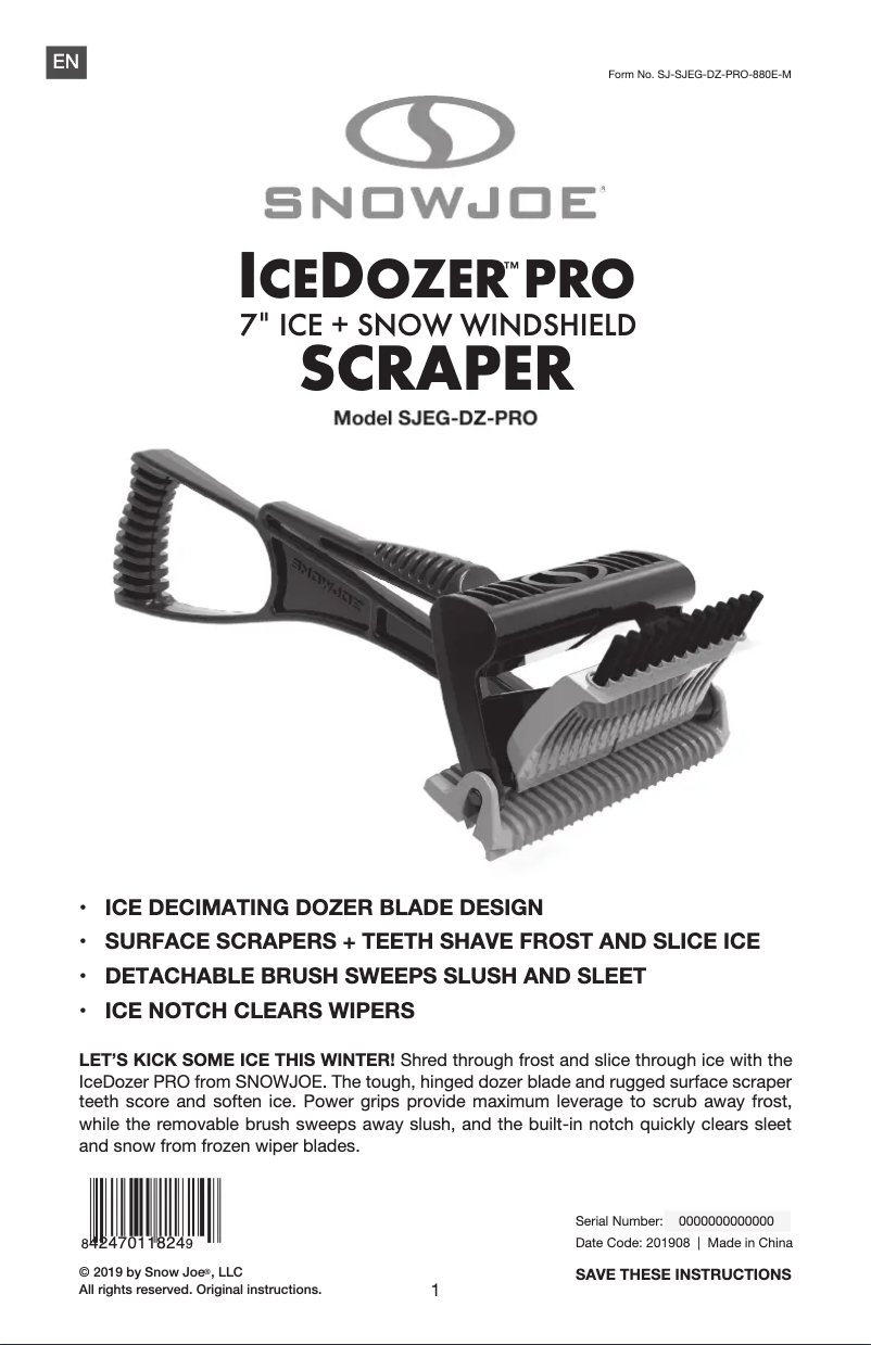 Page 1 de la notice Manuel utilisateur Snow Joe SJEG-DZ