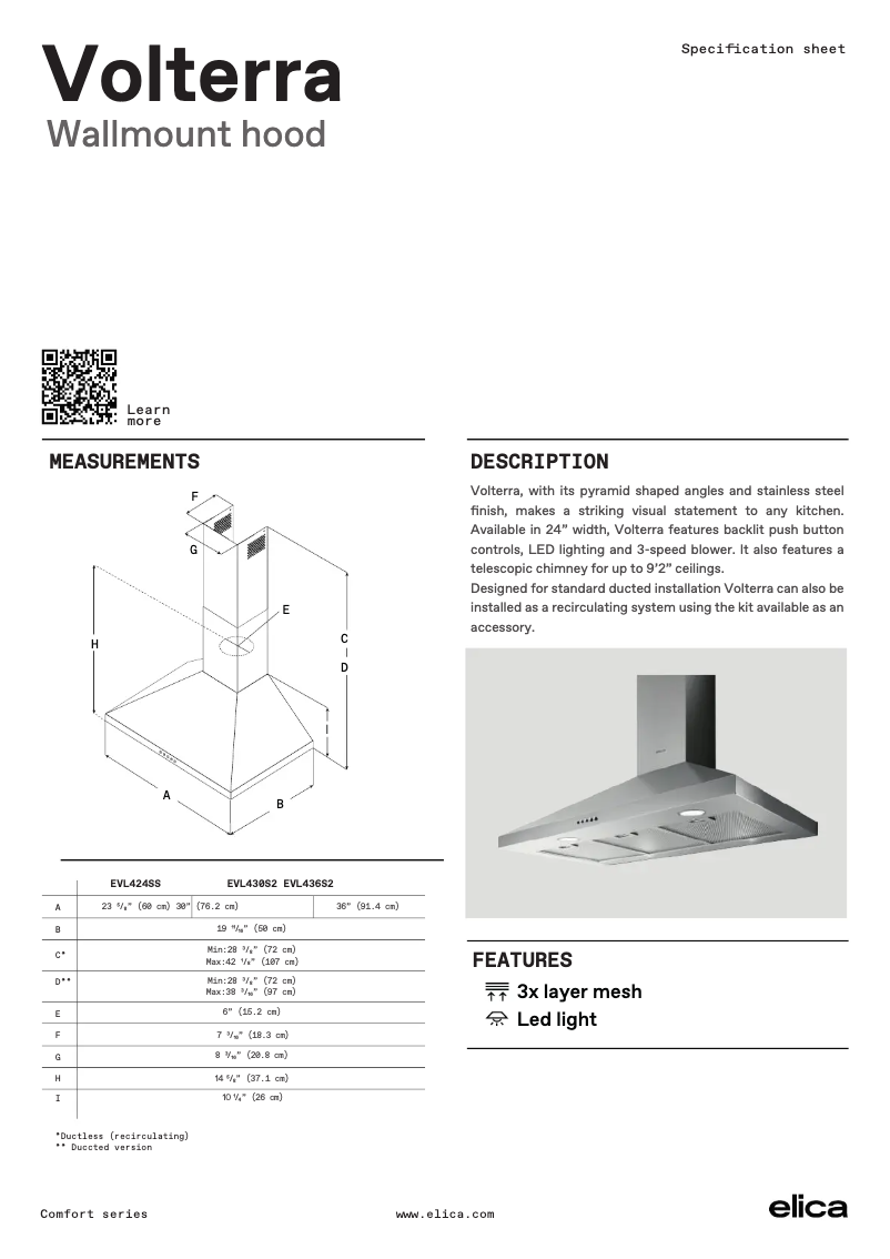 Page 1 de la notice Fiche technique Elica Volterra EVL424SS