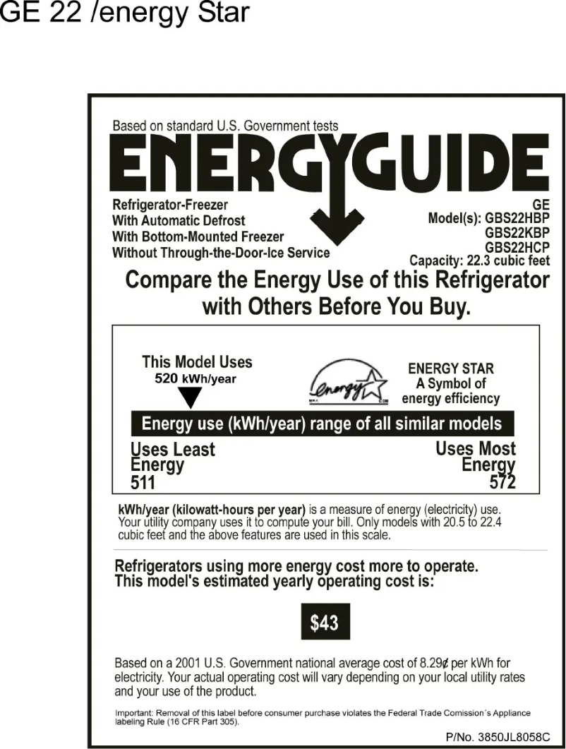 Page n°1 - Label énergétique GE GBS22HBPBB