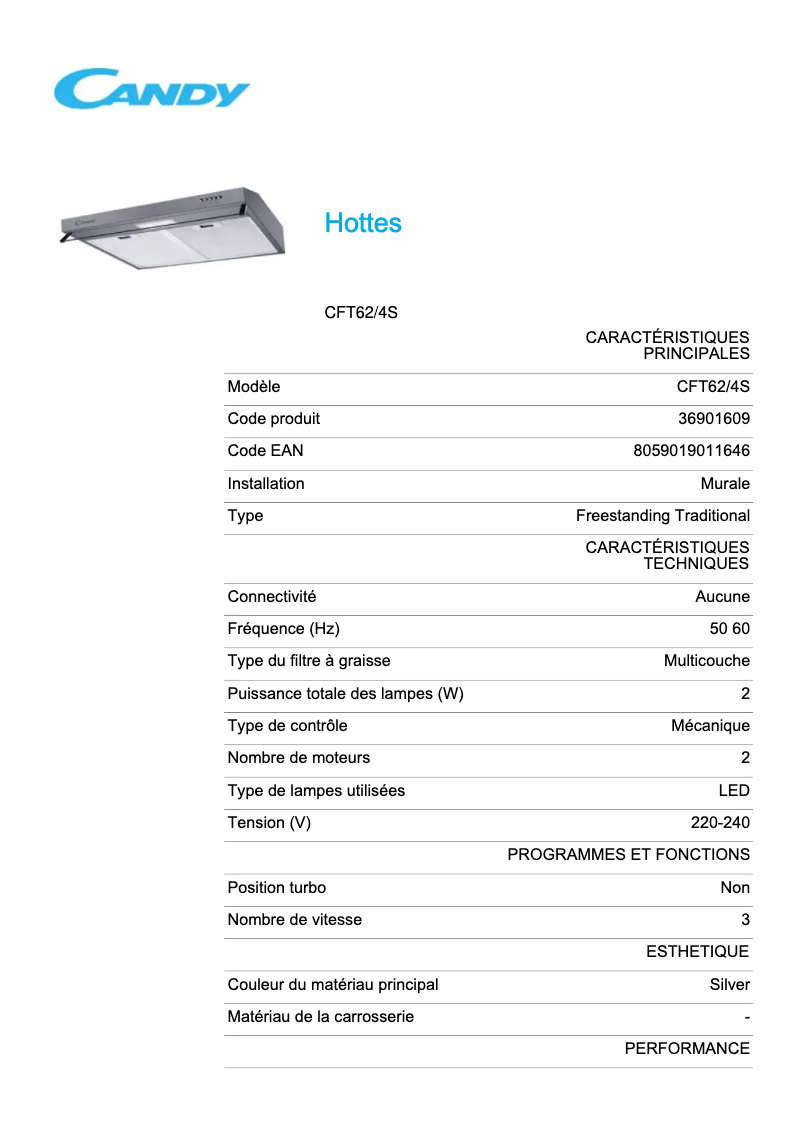 Page 1 de la notice Fiche technique Candy CFT62/4S