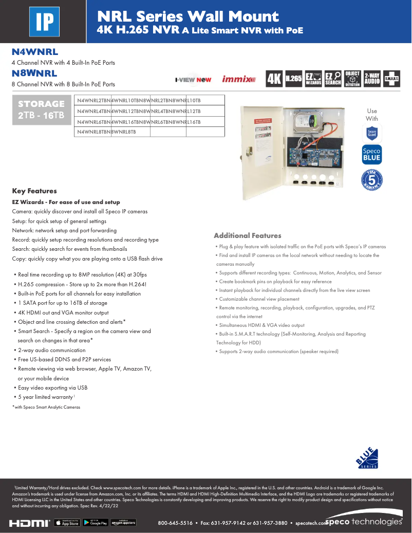 Page 1 de la notice Fiche technique Speco Technologies N8WNRL