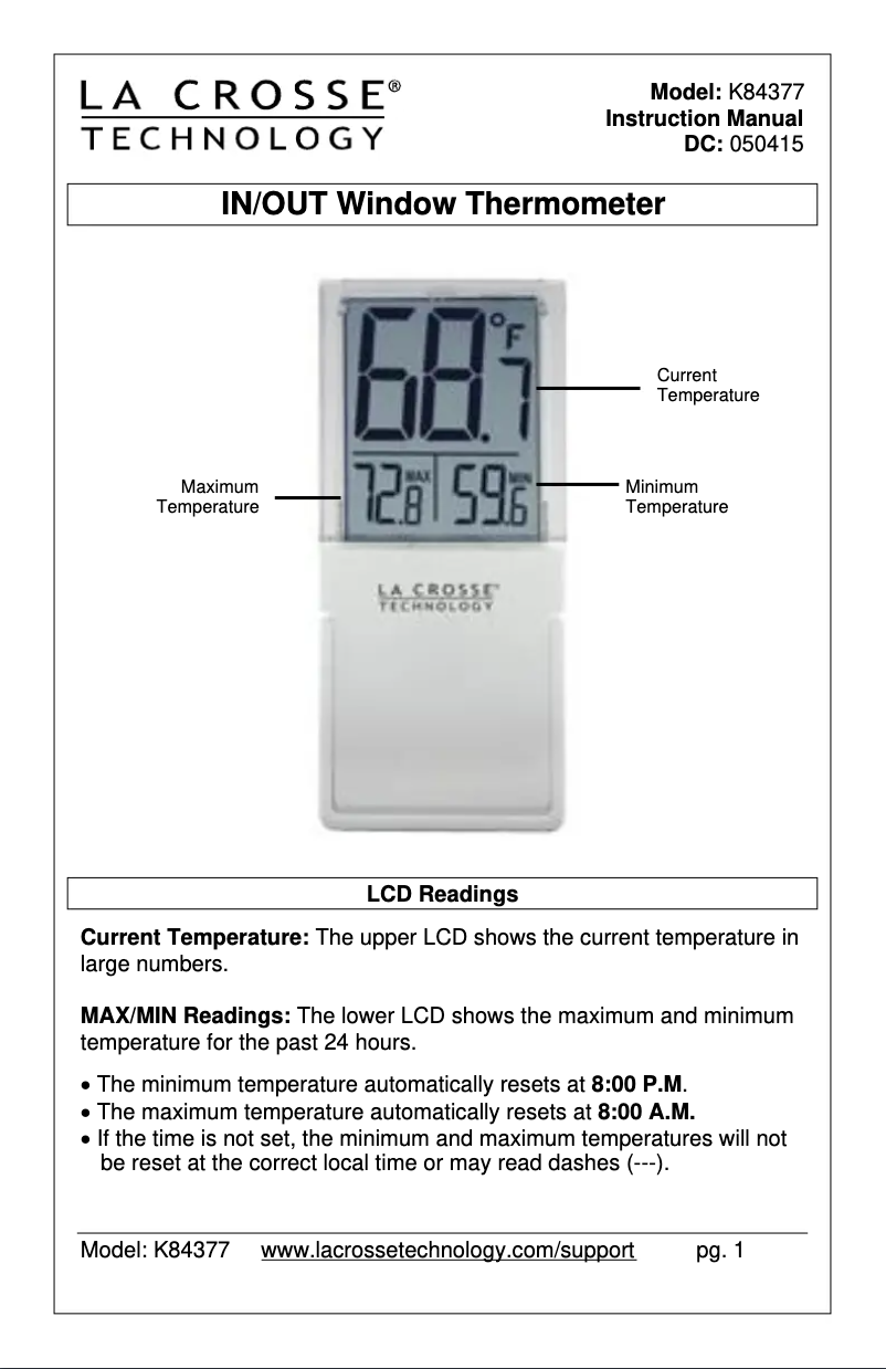 Page 1 de la notice Manuel utilisateur La Crosse Technology K84377