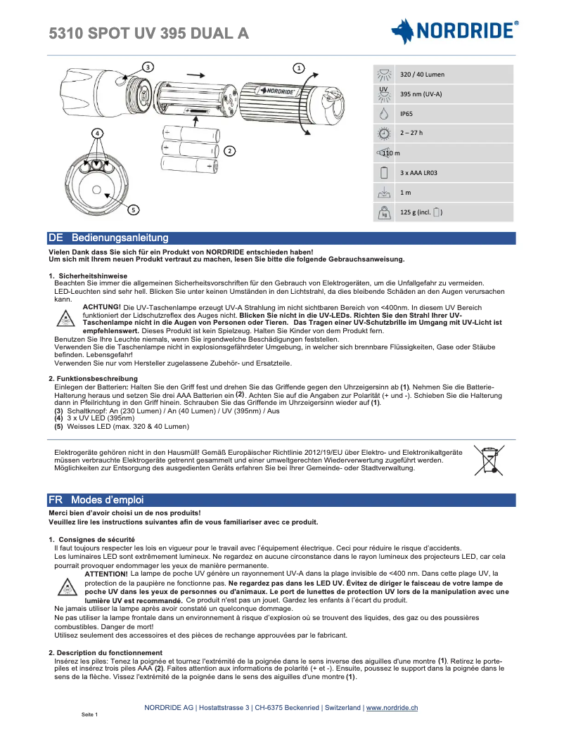Page n°1 - Manuel utilisateur Nordride 5310 Spot UV 395 Dual A