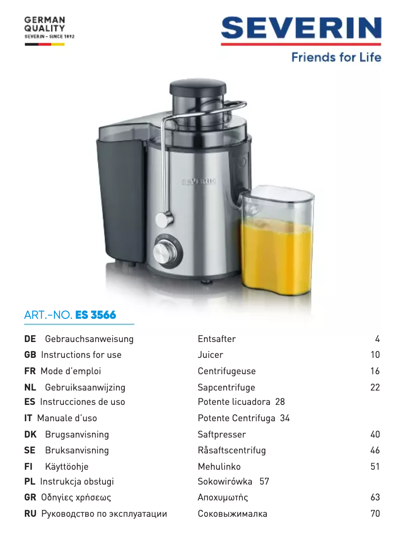 Página 1 del manual Ficha técnica Severin ES 3566