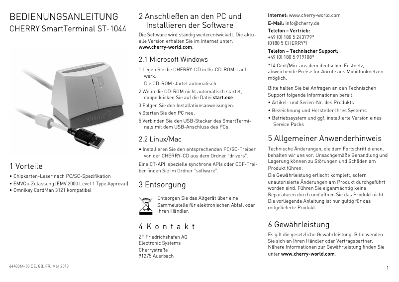 Page 1 de la notice Manuel utilisateur Cherry SmartTerminal ST-1044U