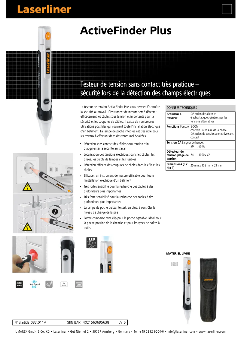 Page 1 de la notice Fiche technique Laserliner ActiveFinder Plus