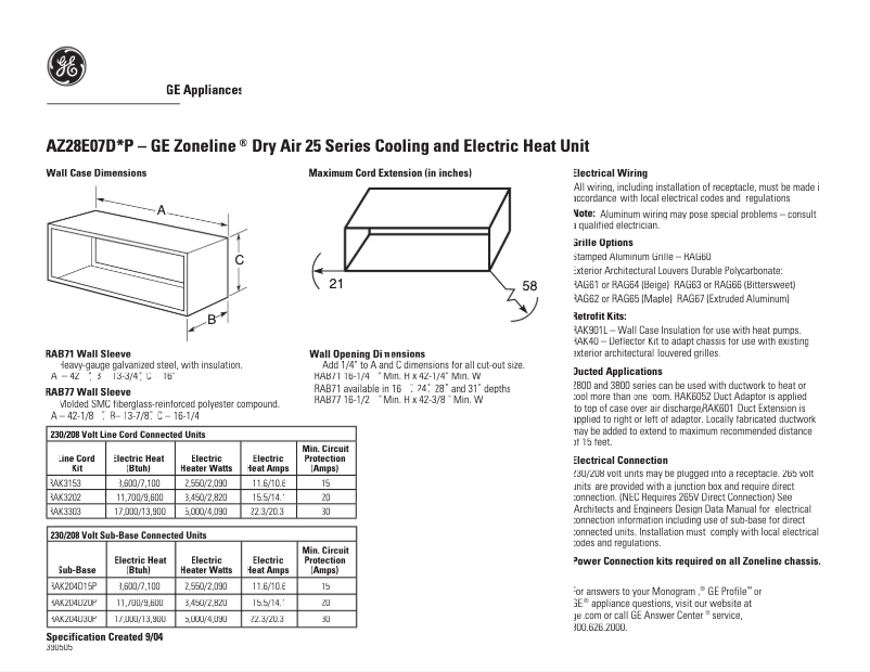 Page n°1 - Fiche technique GE AZ28E07DAP
