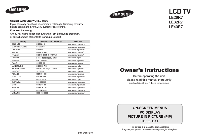 Page n°1 - Manuel utilisateur Samsung LE26R77BD