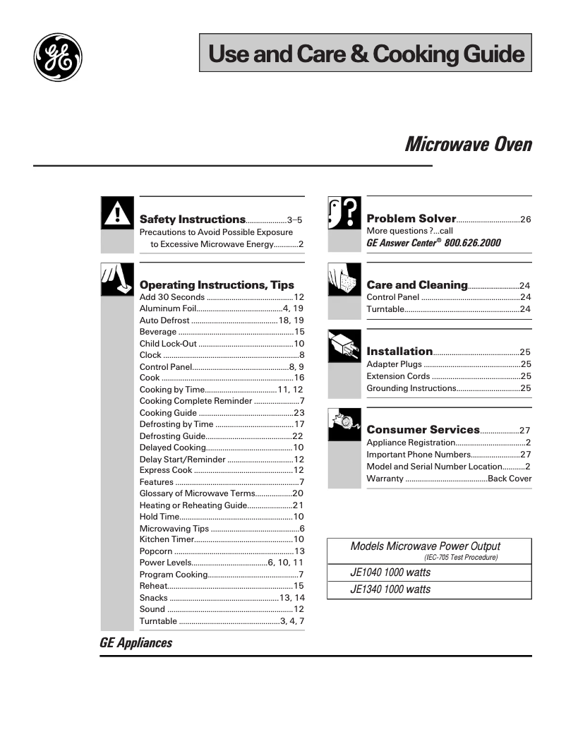 Page n°1 - Manuel d'utilisation et d'entretien GE JE1040GY