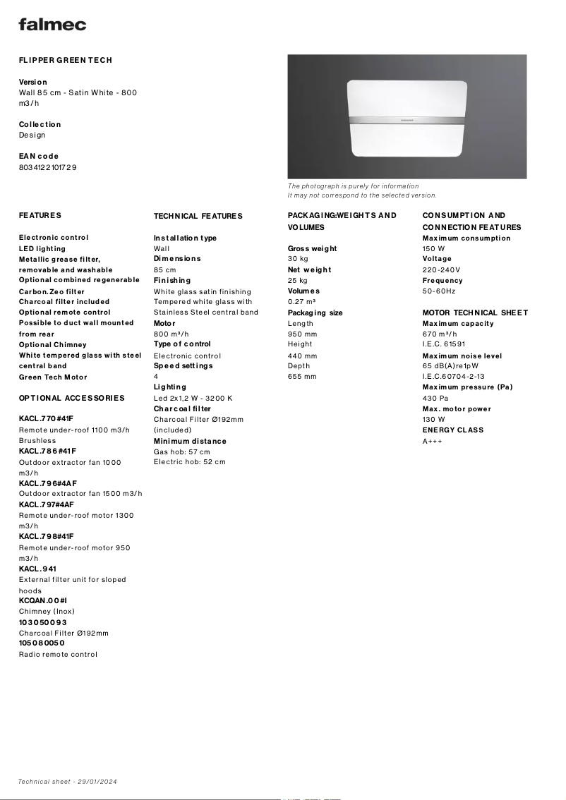 Page 1 de la notice Fiche technique Falmec Flipper