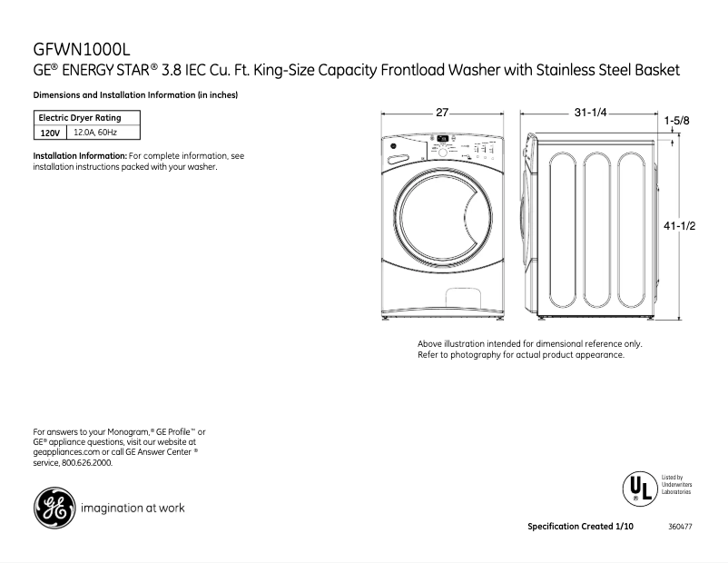 Page n°1 - Fiche technique GE GFWN1000LWW