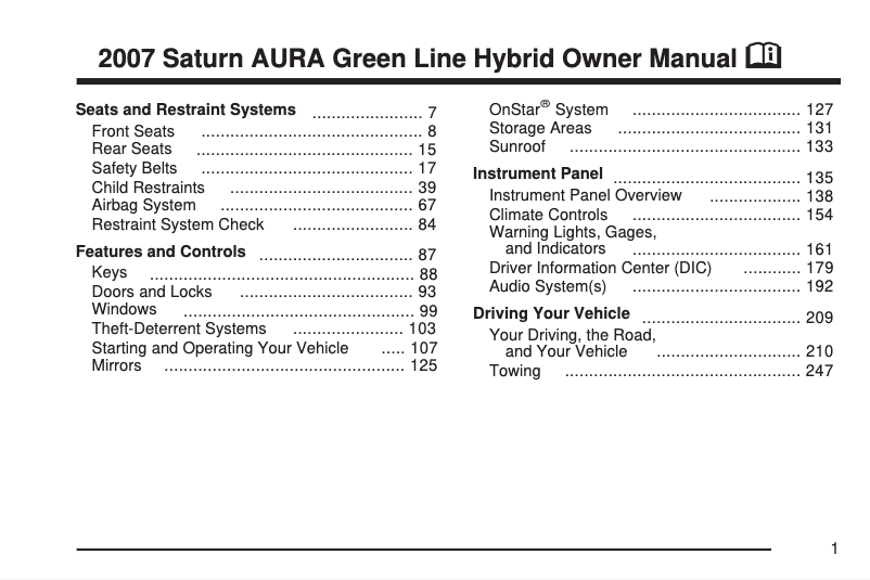 Page 1 de la notice Manuel utilisateur Saturn Aura Green Line Hybrid (2007)