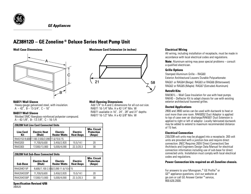 Page n°1 - Fiche technique GE AZ38H12DAB