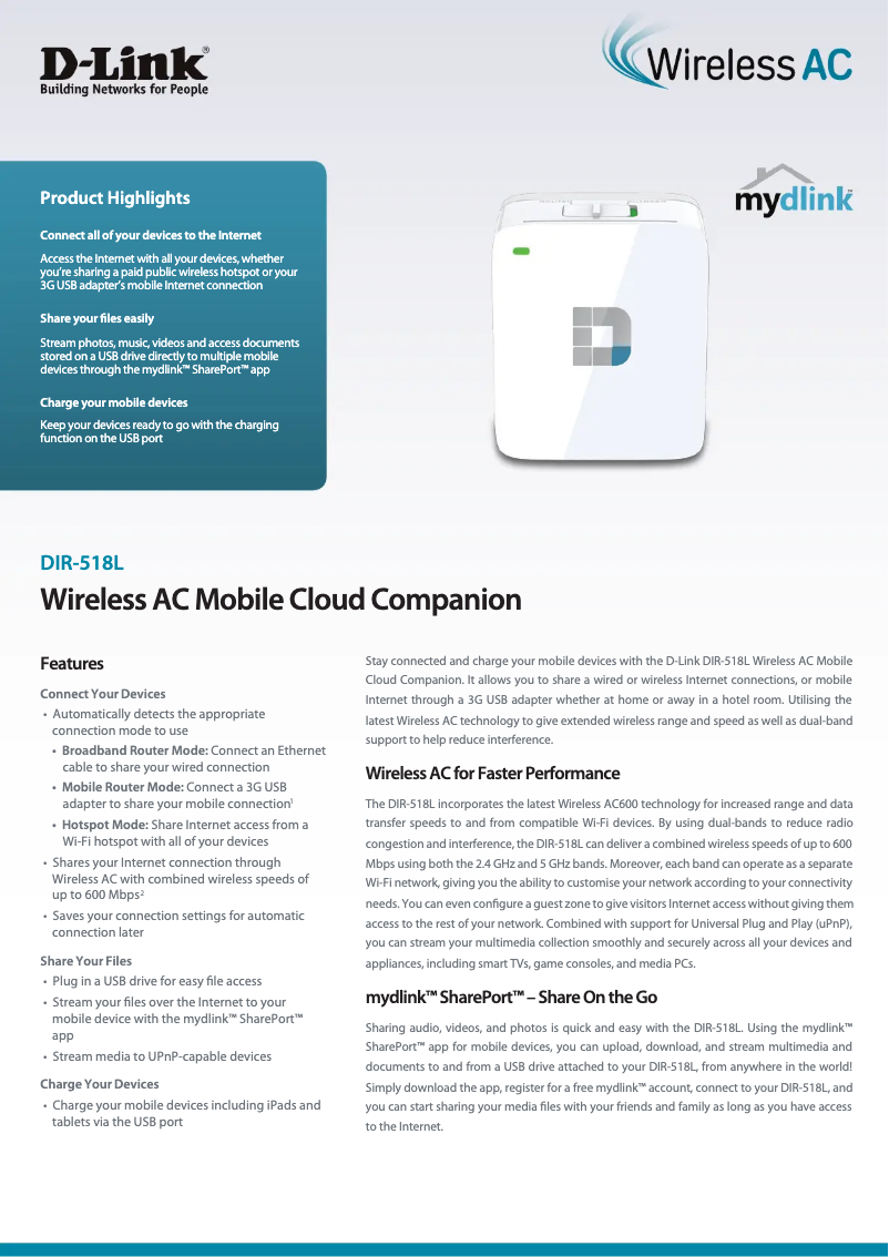 Page 1 de la notice Fiche technique D-Link Wireless AC Mobile Cloud DIR-518L