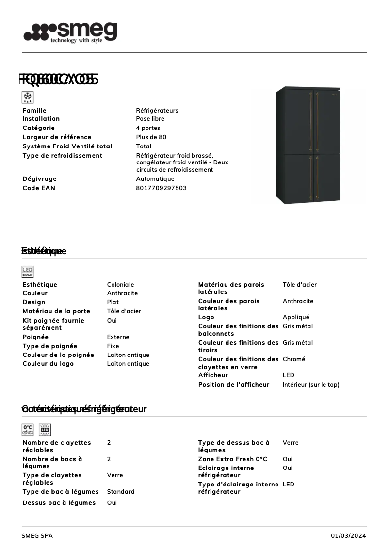 Page 1 de la notice Fiche technique Smeg FQ60CAO5