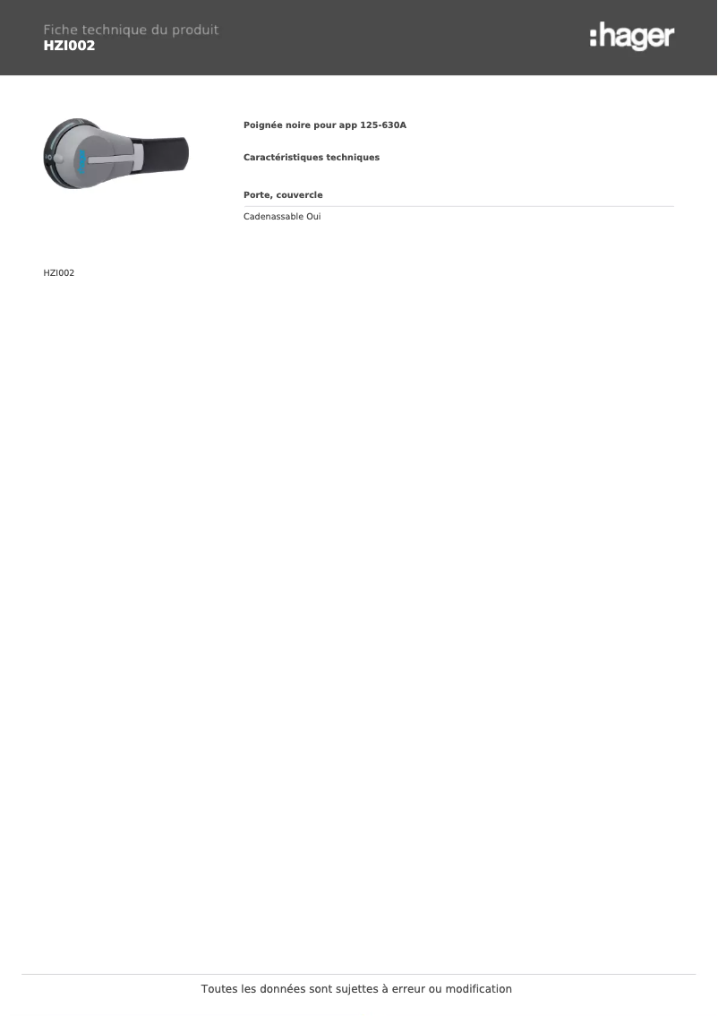 Page n°1 - Fiche technique Hager HZI002