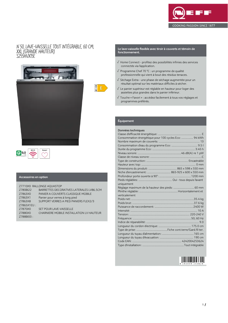Page 1 de la notice Fiche technique Neff S255HVX15E