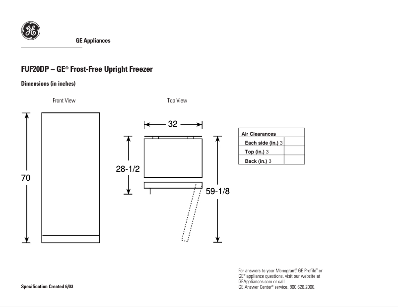 Page n°1 - Fiche technique GE FUF20DPRWH