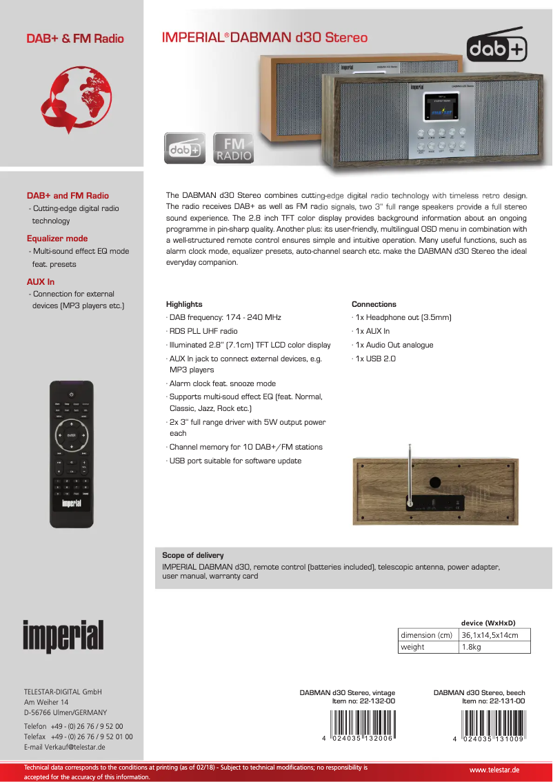 Page 1 de la notice Fiche technique Imperial DABMAN d30 Stereo