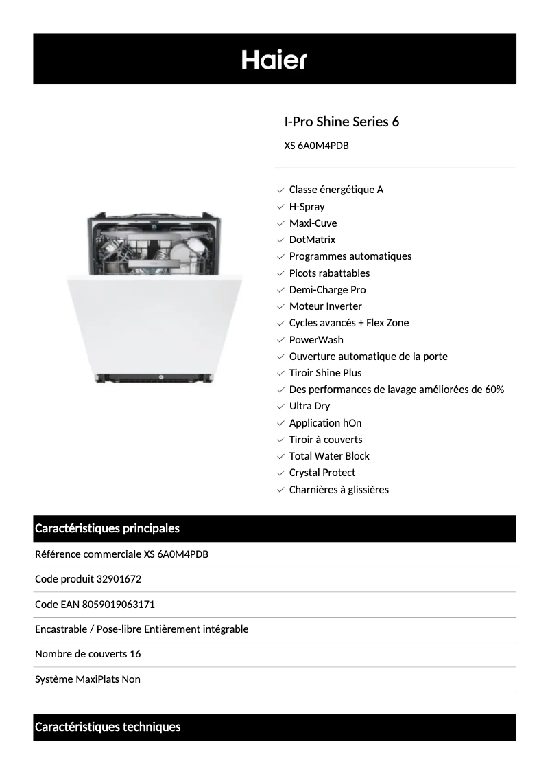 Page 1 de la notice Fiche technique Haier XS 6A0M4PDB