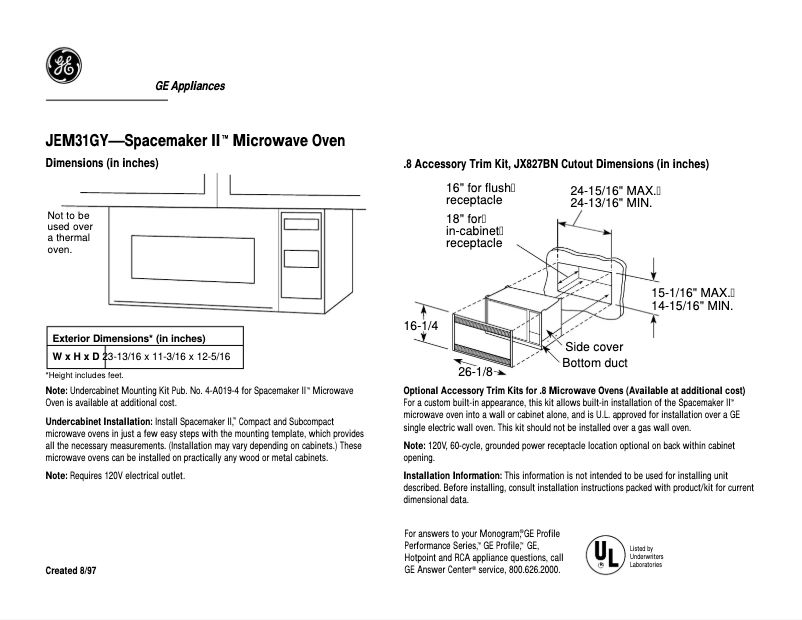 Page 1 de la notice Fiche technique GE JEM31GY