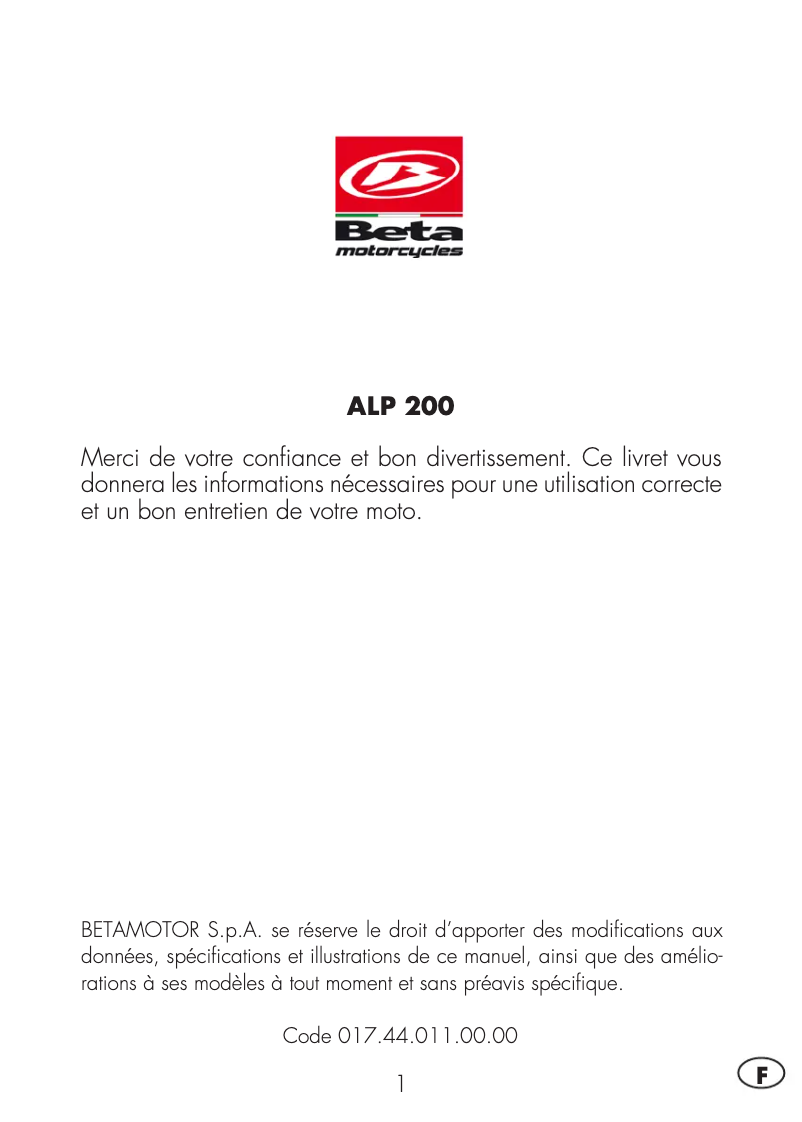 Image de la première page du manuel de l'appareil Alp 200 (2019)