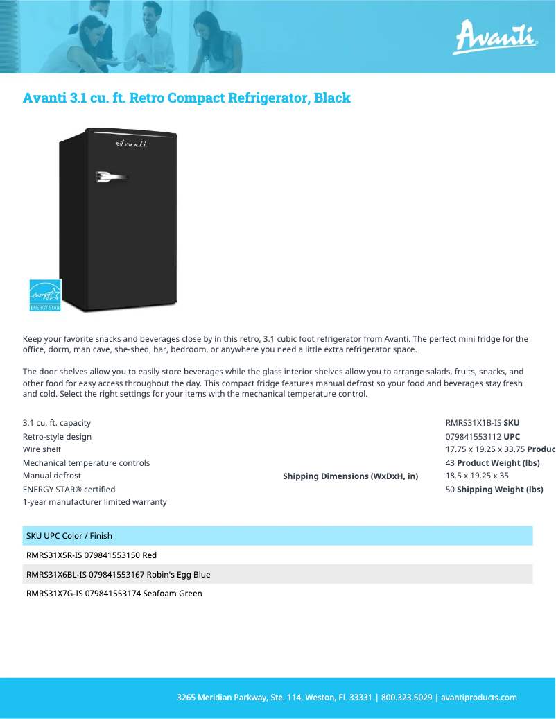 Page 1 de la notice Fiche technique Avanti RMRS31X1B-IS