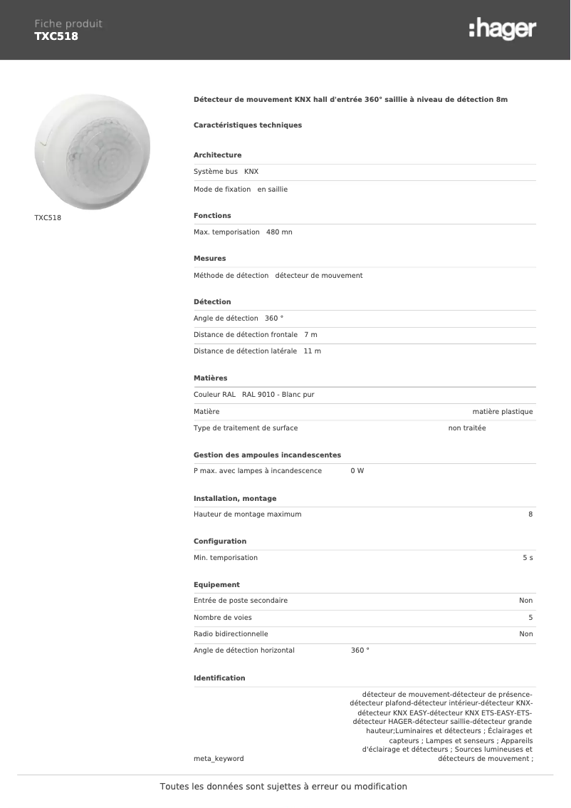 Page 1 de la notice Fiche technique Hager TXC518