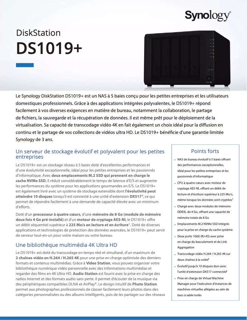Page 1 de la notice Fiche technique Synology DiskStation DS1019+