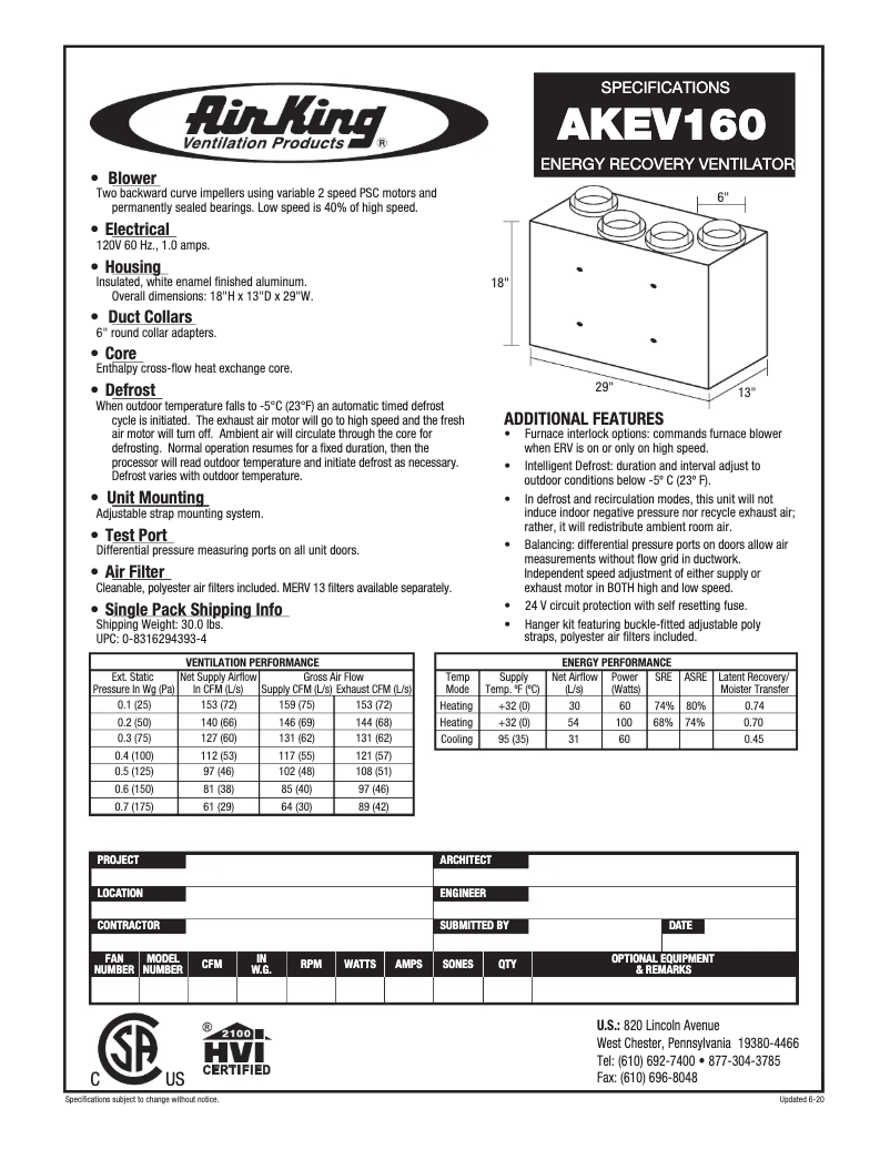 Page 1 de la notice Fiche technique Air King AKEV160
