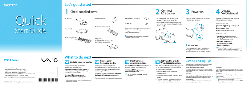 Page n°1 - Guide d'installation Sony Vaio VPCL23BFX