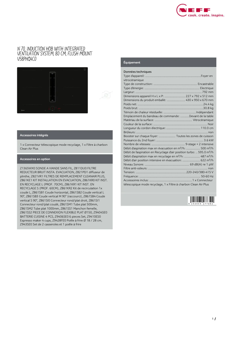 Página 1 del manual Ficha técnica Neff V58PHQ4C0