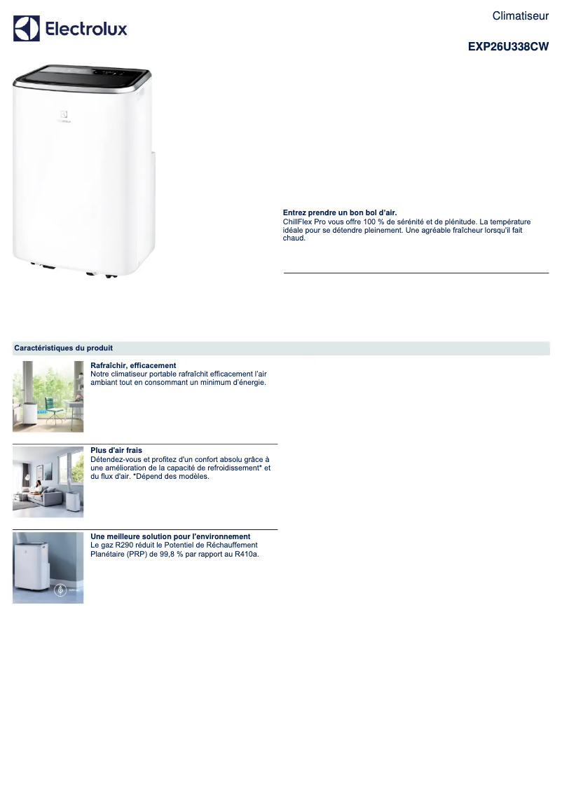 Page 1 de la notice Fiche technique Electrolux EXP26U338CW