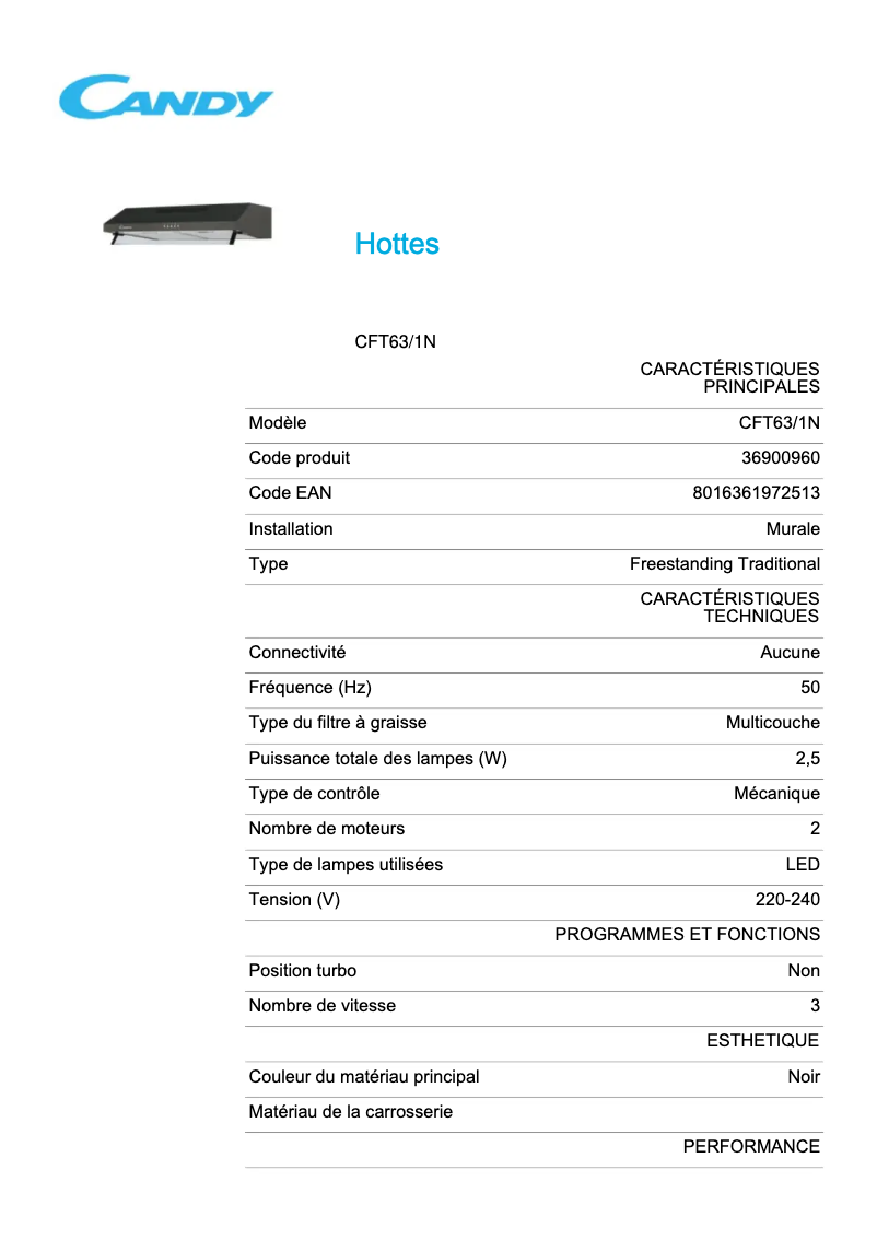 Page 1 de la notice Fiche technique Candy CFT63/1N