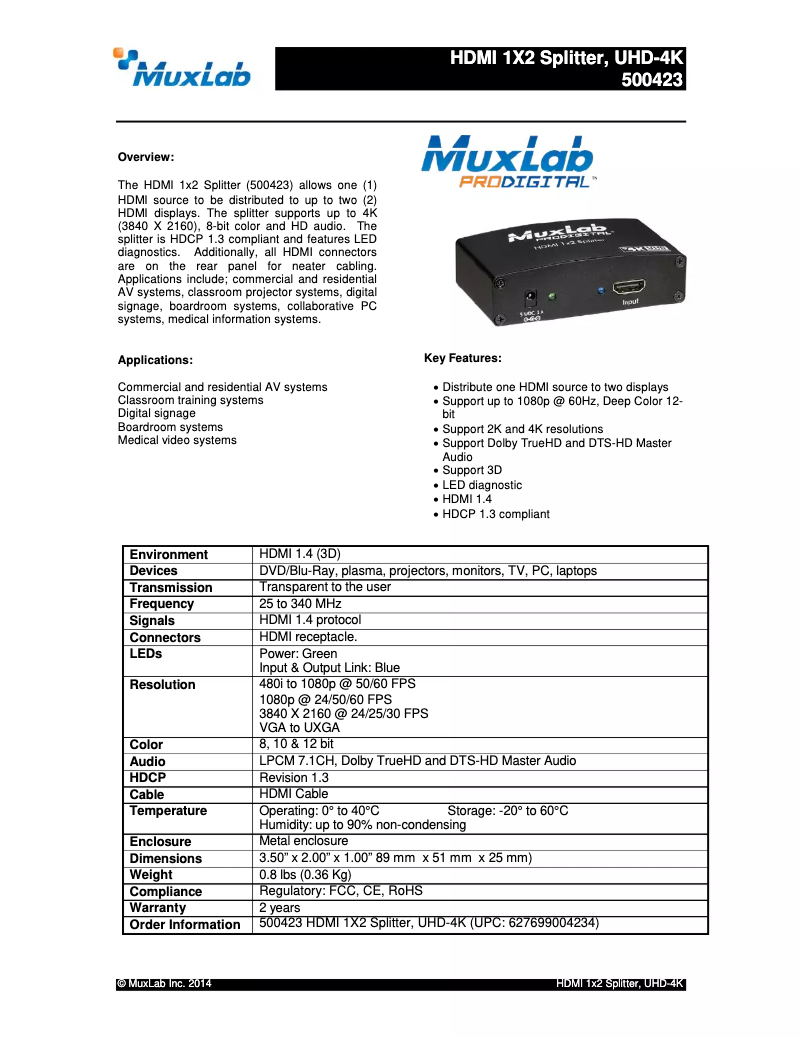 Page 1 de la notice Manuel utilisateur MuxLab 500423
