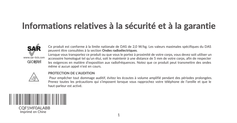 Page 1 de la notice Instructions de sécurité Alcatel 3025