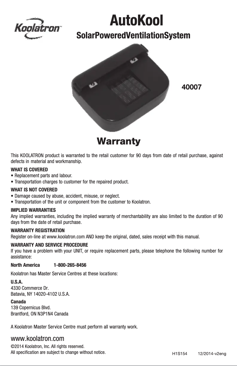 Page n°1 - Manuel utilisateur Koolatron 400070
