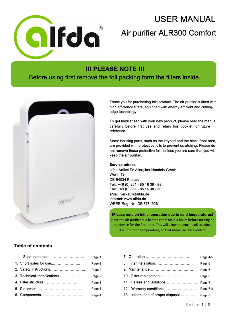 Page n°1 - Manuel utilisateur Alfda ALR300 Comfort