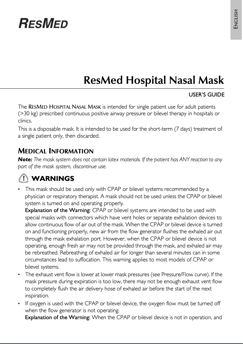 Page 1 de la notice Manuel utilisateur ResMed Hospital Nasal Mask