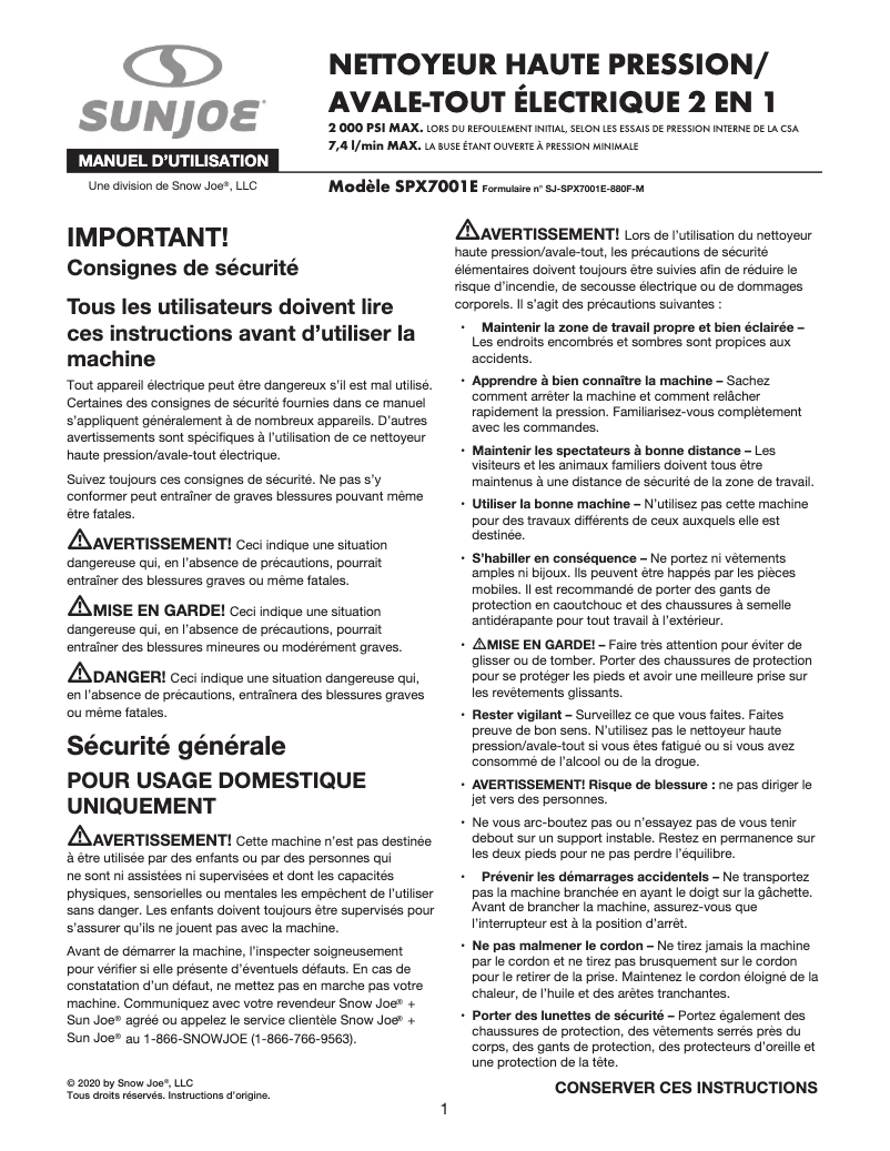 Page 1 de la notice Manuel utilisateur Sun Joe SPX7001E
