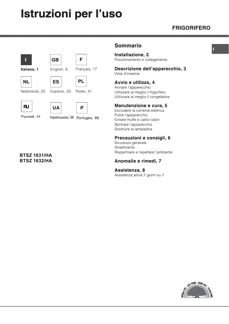 Page 1 de la notice Manuel utilisateur Hotpoint Ariston BTSZ 1631